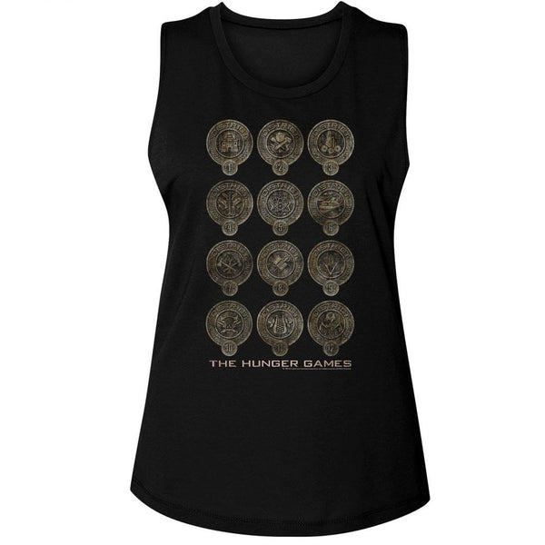 Hunger Games - District Badges Womens Muscle Tank Top - HYPER iCONiC.