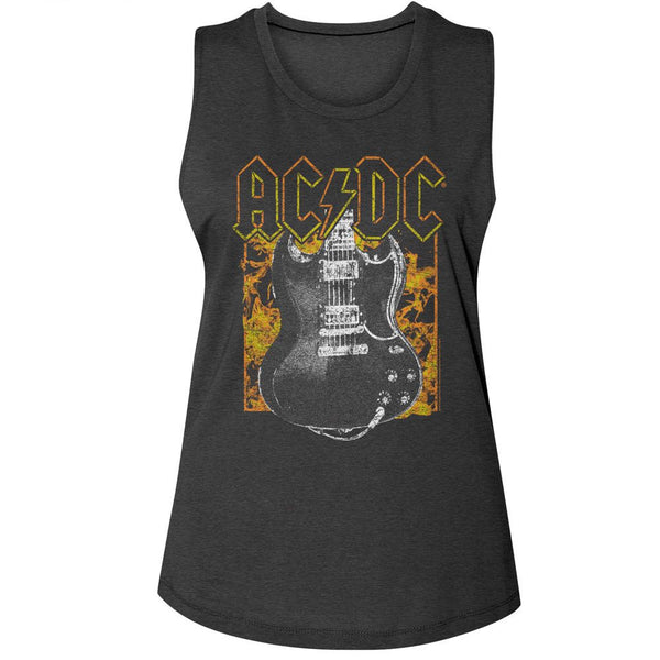 AC/DC - AC/DC Fire And Guitar Muscle Womens Muscle Tank Top - HYPER iCONiC.