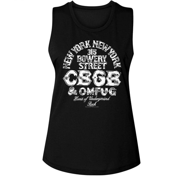 CBGB - Logo And Address Womens Muscle Tank Top - HYPER iCONiC.