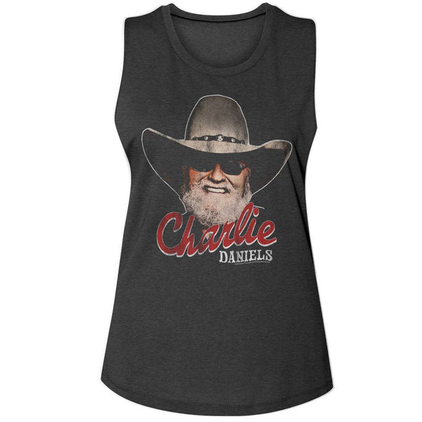 Charlie Daniels Band - CDB Smiling Charlie Muscle Womens Muscle Tank Top - HYPER iCONiC.