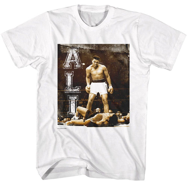 Muhammad Ali - Grunge KO Vertical Text T-Shirt - HYPER iCONiC.