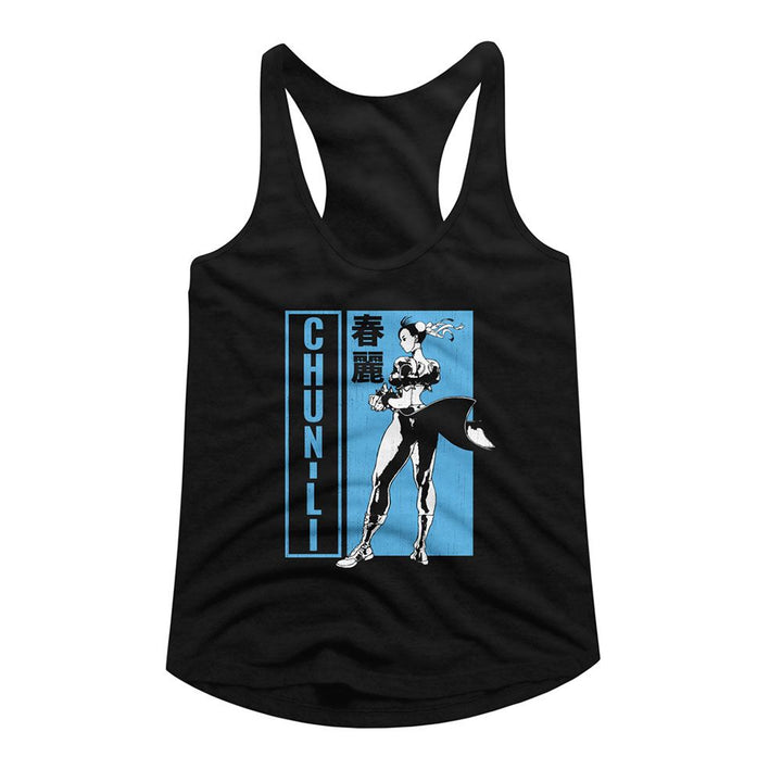 Street Fighter - Chun Li BW Character Pose Womens Racerback Tank Top - HYPER iCONiC.