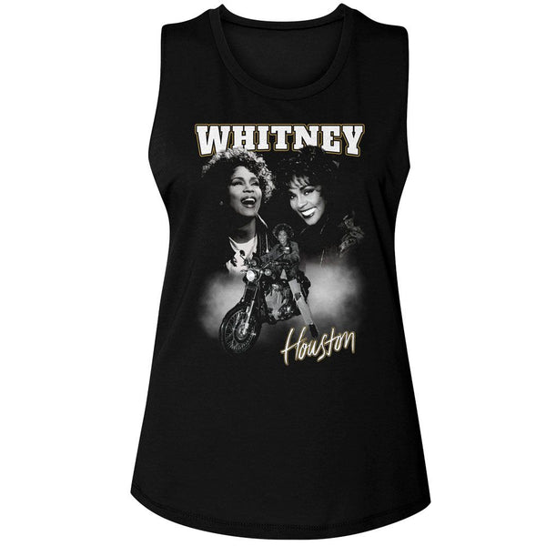 Whitney Houston - Motorcycle Collage Womens Muscle Tank Top - HYPER iCONiC.