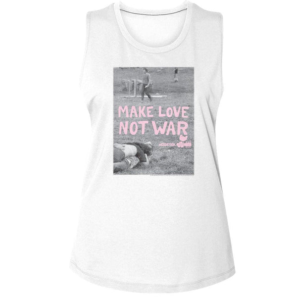 Woodstock - Make Love Not War Poster Womens Muscle Tank Top - HYPER iCONiC.