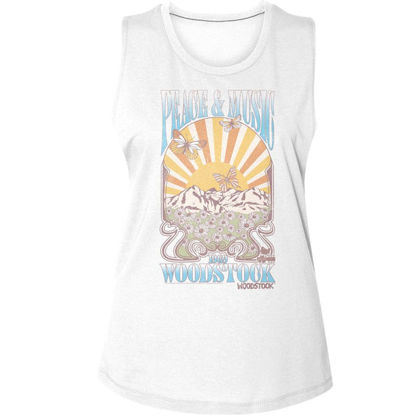 Woodstock - Peace And Music Landscape Womens Muscle Tank Top - HYPER iCONiC.